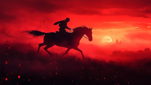 Silhouetted rider on horse against vivid red sunset.