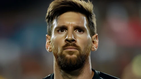 Stadium lights carve a stoic footballer’s focused gaze.