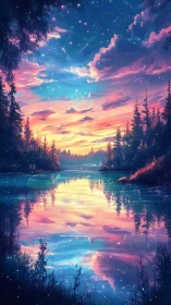 Twilight sky reflects in tranquil forest lake under stars