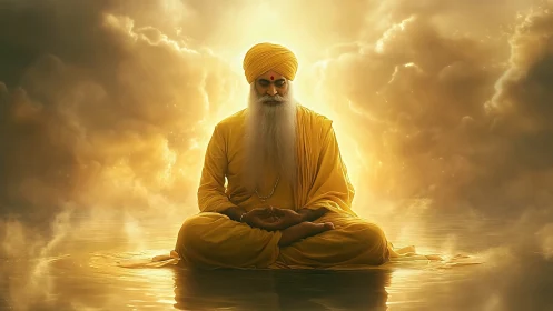 Elderly Sikh man meditating in golden cloudy lightscape.