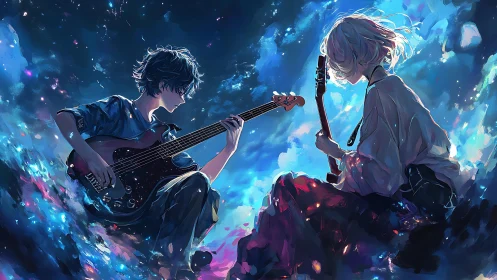 Starlit guitar duet drifting through a painted cosmic night.