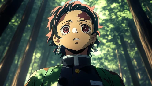 Anime swordsman gazes upward in sunlit forest scene.