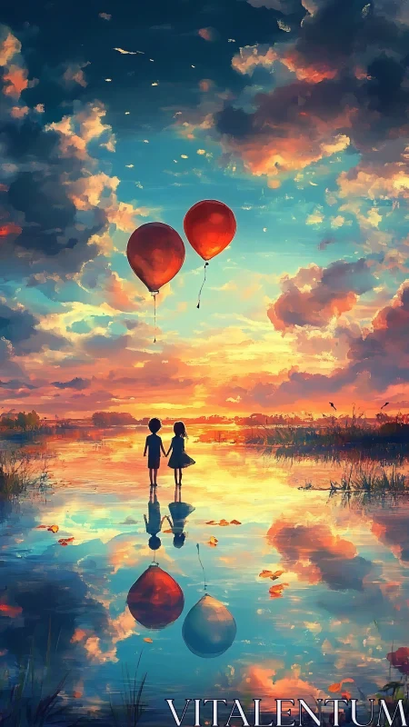 Bidirectional sunset reflection with children and balloons.
