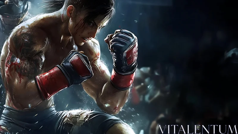 Intense Boxing Portrait: Muscular Fighter in Red Gloves Under Dramatic Blue Lighting.