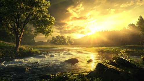 Golden sunrise pours over a peaceful forest river valley