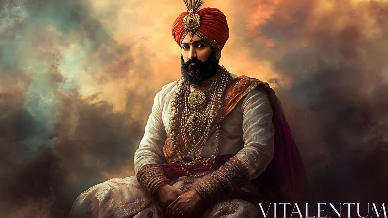Regal Maharaja Portrait in Ornate Turban, Digital Painting Study.