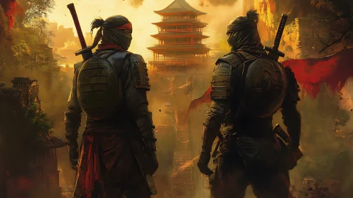 Armored ninjas survey misty pagoda stronghold in backlit dusk haze