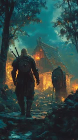 Warriors approach a burning cottage under turbulent teal skies