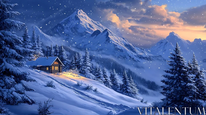 Snow-covered mountain cabin in illuminated winter valley.