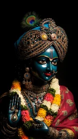 Krishna idol glows under dramatic light with jeweled adornment