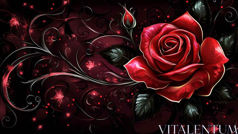 Luminous Red Rose with Swirling Vines Dark Background