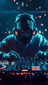 Hooded DJ mixing tracks on illuminated club console.