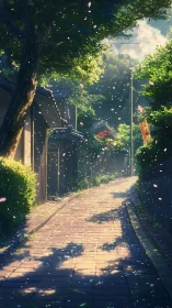 Gentle spring sunlight drifts along a quiet village lane