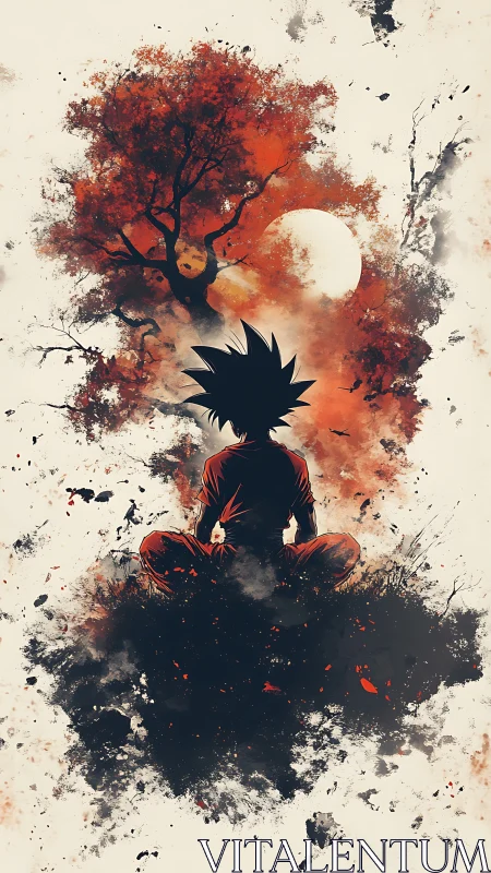 Silhouetted warrior meditates beneath fiery autumn moon