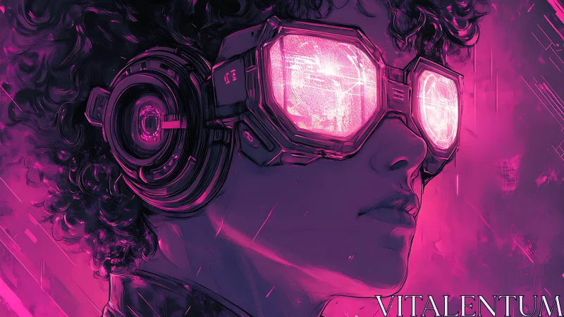Neon cyber-visor portrait with volumetric magenta light fields.