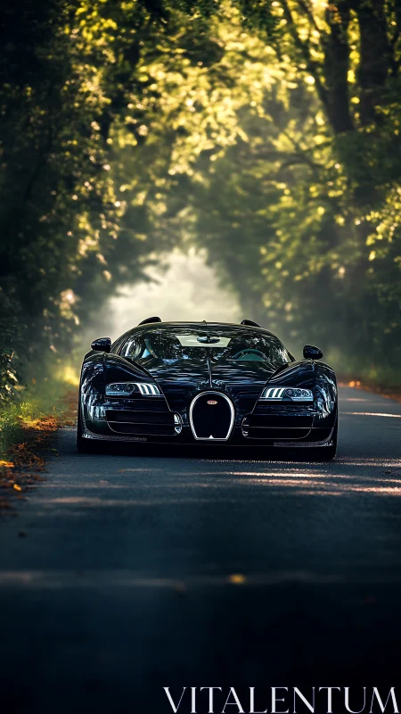 Black hypercar cuts through shaded forest road light