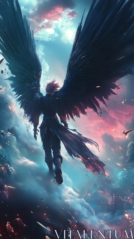 Winged warrior ascending through stormlit celestial skies.