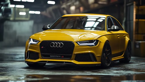 Yellow Audi sport sedan dominates moody industrial garage