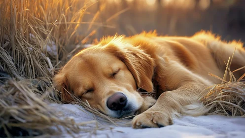 Photorealistic golden retriever resting in backlit winter field.