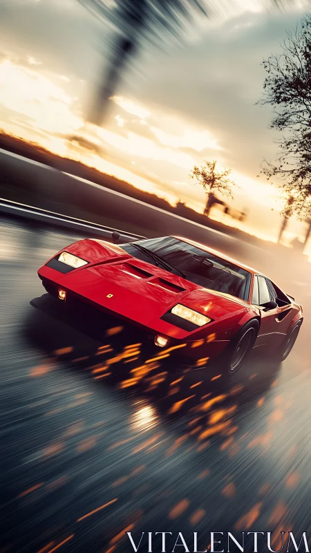 Red supercar blazes down a wet highway at stormy sunset