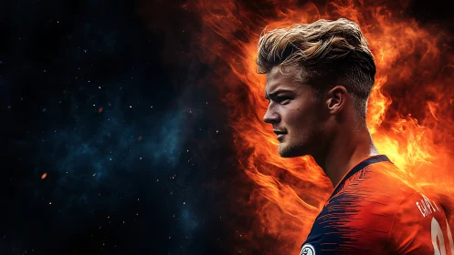 Side-lit soccer portrait with high contrast fire and nebula field
