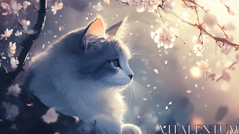 A Serene White Cat Among Blooming Cherry Blossoms.