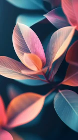 Chromatic leaf whispers in soft neon twilight glow.