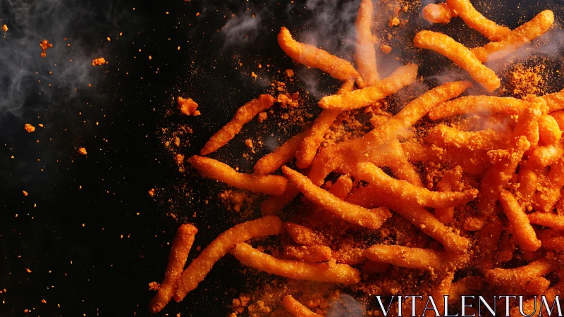 Cheese coated snack sticks scattered on dark background.