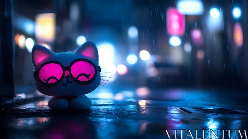 Neon-lit chibi cat figurine with bokeh city rain reflections at night