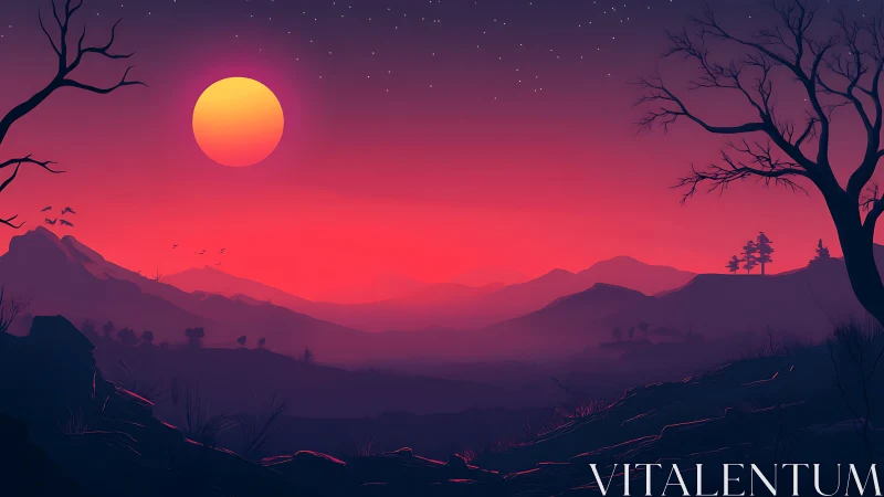 Crimson dusk sun descends over layered misty mountain valley