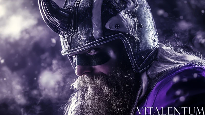 Cinematic close-up of horned Viking warrior in frosted armor.