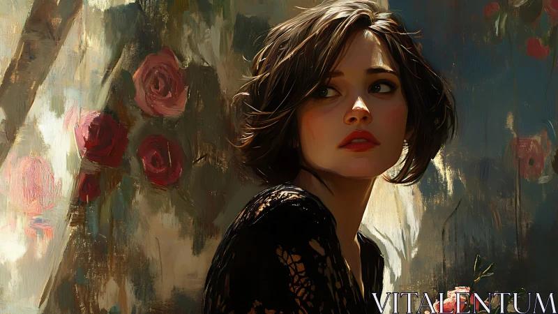 Soft-lit brunette portrait amid textured painted roses.