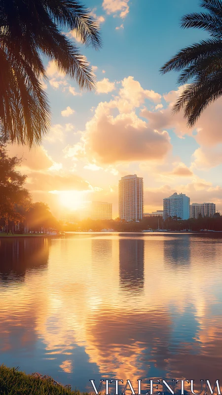 Golden hour city skyline glows over tranquil waterfront