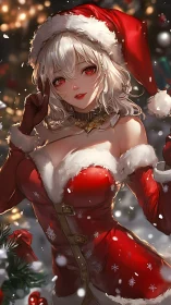 High-fidelity anime Santa girl in festive bokeh snowfall.