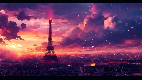 Eiffel Tower rises over glowing Paris skyline at sunset