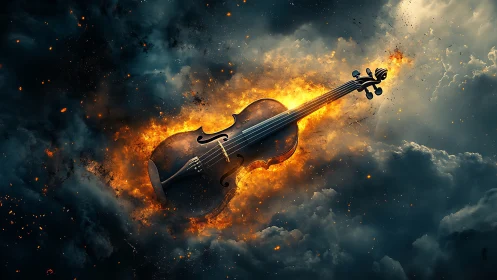 Burning violin cuts through storm clouds in vivid contrast.