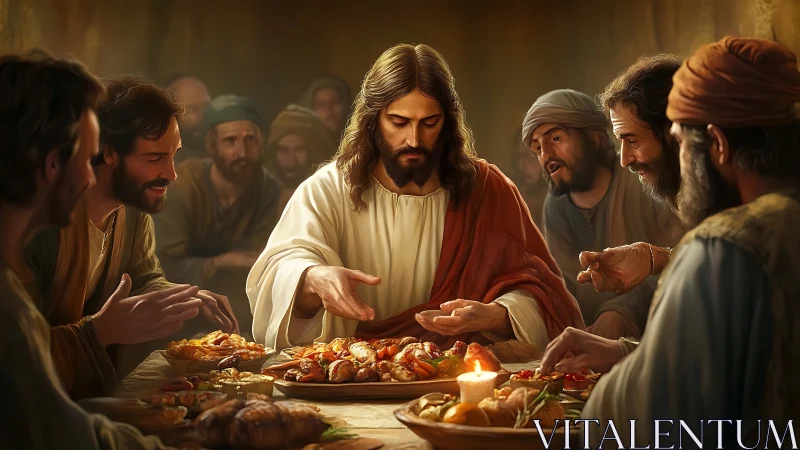 Central robed figure blesses shared meal with surrounding men