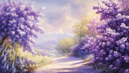 Spring pathway framed by dense lilac blossoms and hazy mountains