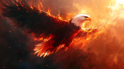 Majestic Bald Eagle Soaring Through Flames in Digital Art Style.