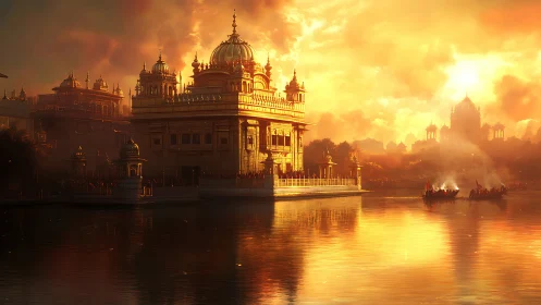 Molten sunset crowns the golden riverside temple in flame
