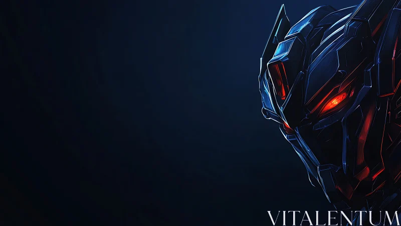 Midnight warframe sentinel with ember-bright optic glare.