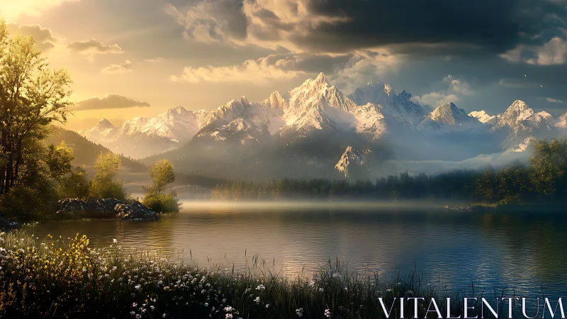 Glacial alpine range over misty lake at golden hour light