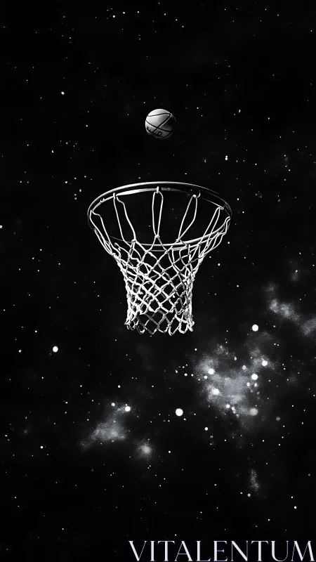 Basketball hoop floats in cosmic space, capturing silent motion