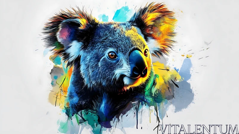 Koala portrait explodes with neon watercolor energy
