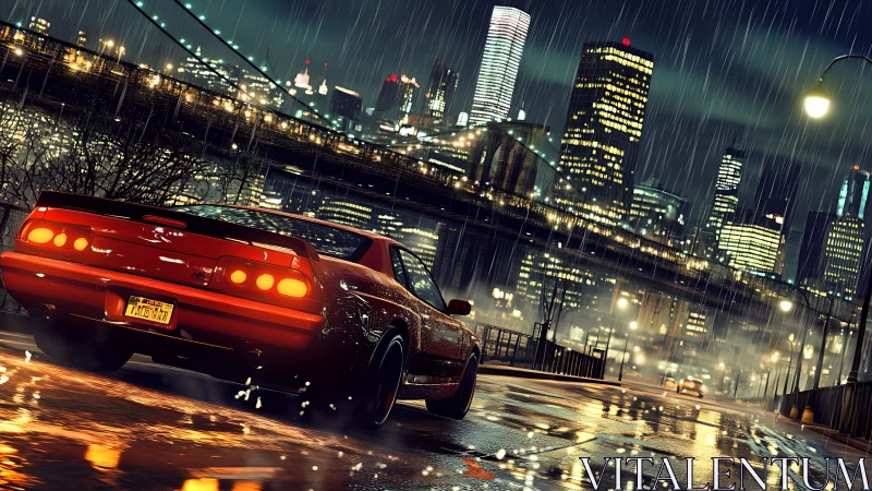 Red sports coupe on wet riverside street in neon city rain