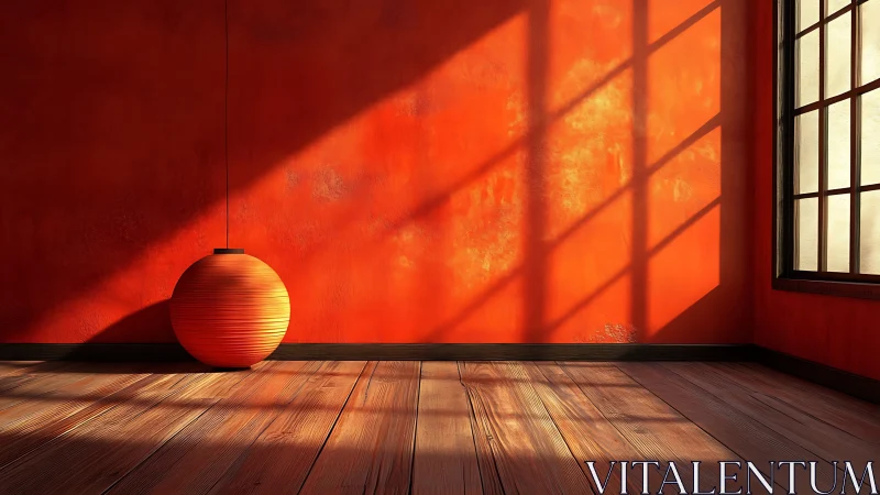 Minimalist red room with paper lantern and warm sunlight.