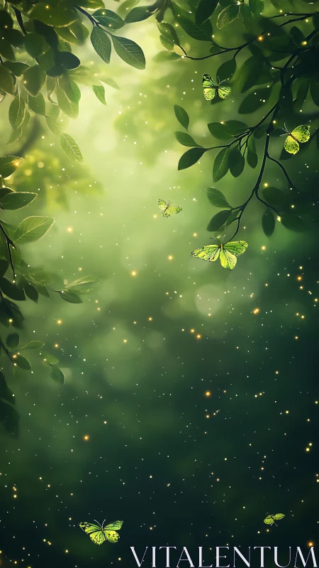 Firefly lullaby under emerald butterflies and leafy lanterns.