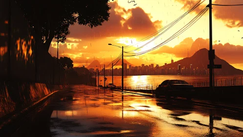 Rain-soaked coastal road reflects blazing orange sunset.