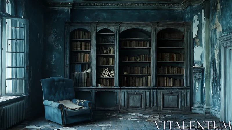 Decayed blue library interior reveals worn armchair and dusty shelving