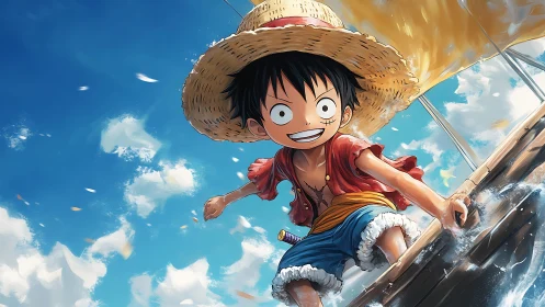 Sunlit straw-hatted sailor vaults joyfully over foaming seas